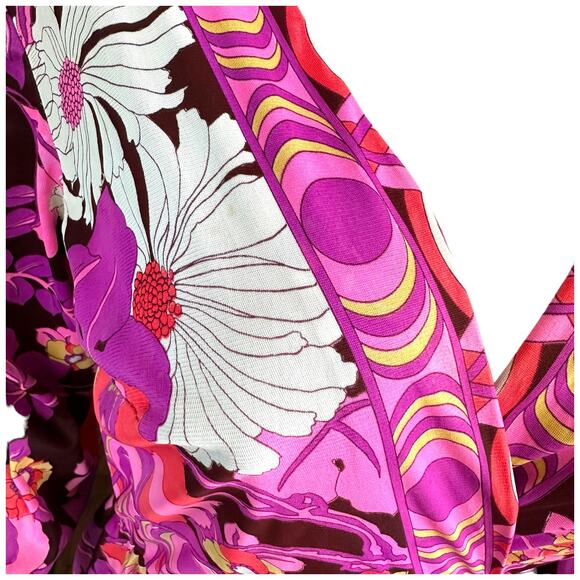 Vintage 60s 70s Psychedelic Mod Style Pink Mod Flower Maxi Dress Hostess Gown - Picture 8 of 16